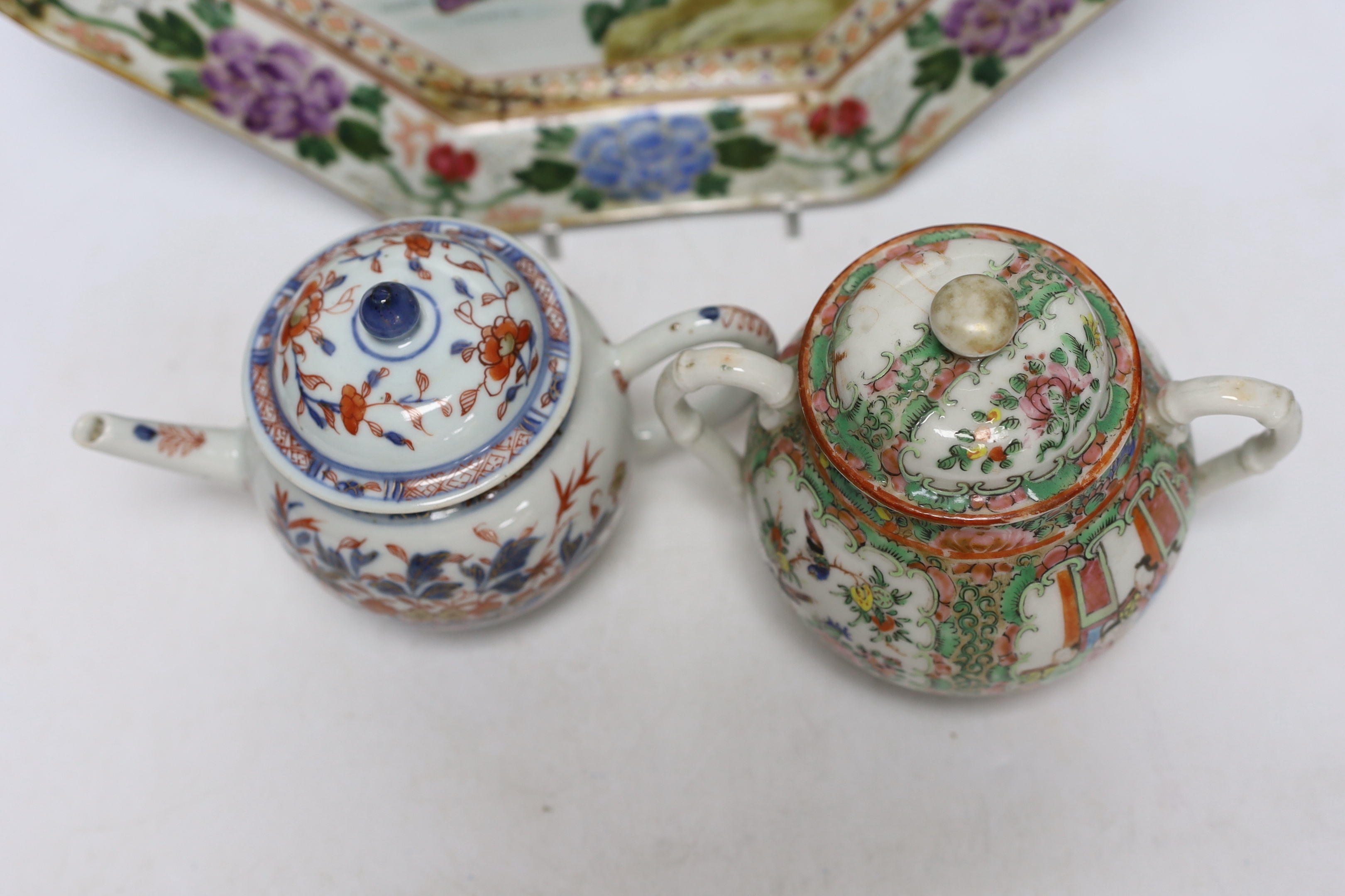 A Chinese Imari pattern teapot, a Cantonese lidded jar and an octagonal Japanese charger